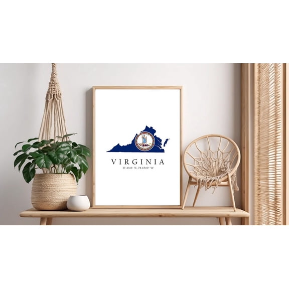 Virginia Map Poster Print: State Flag Latitude Longitude Coordinates
