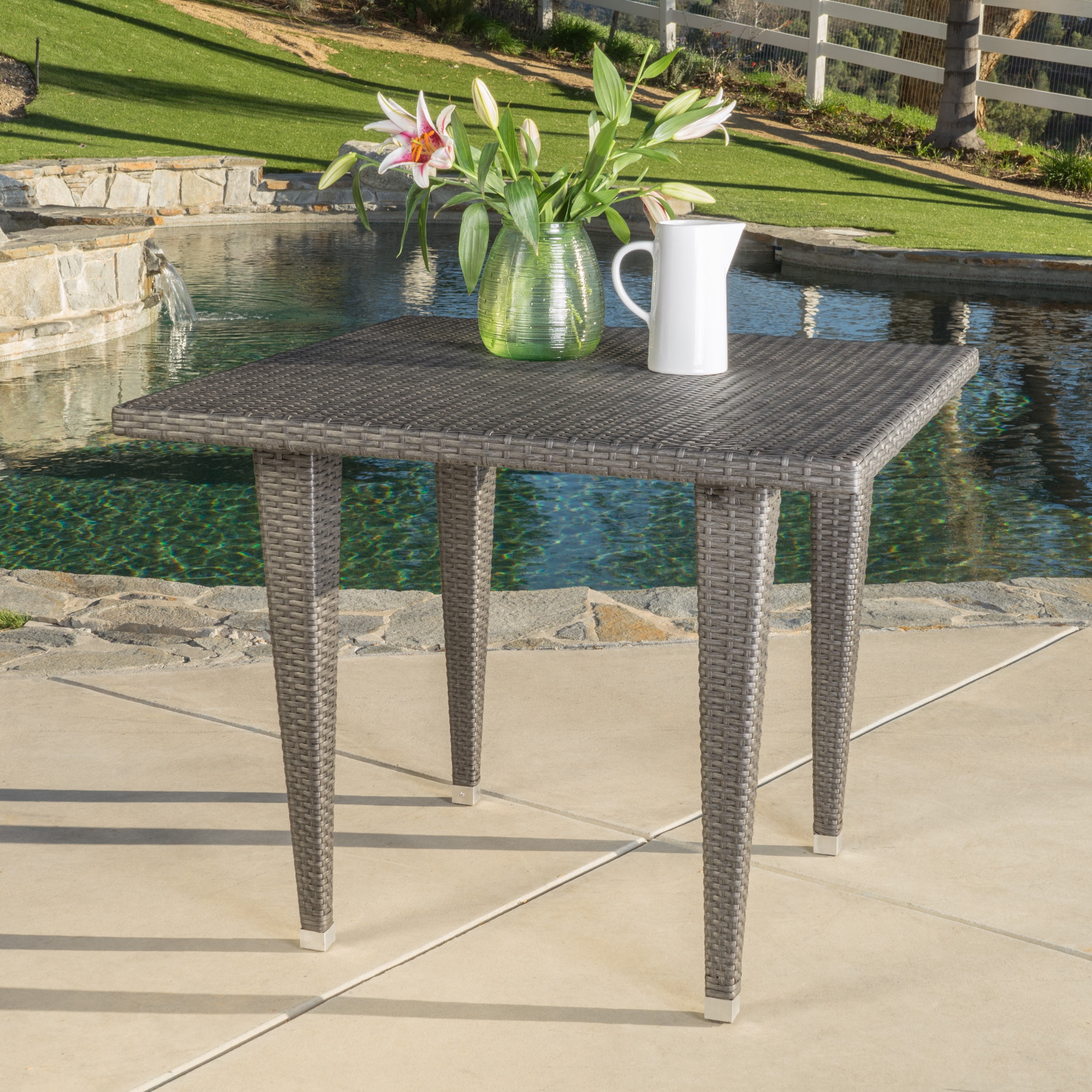 Virginia Outdoor Wicker Square Dining Table, Grey