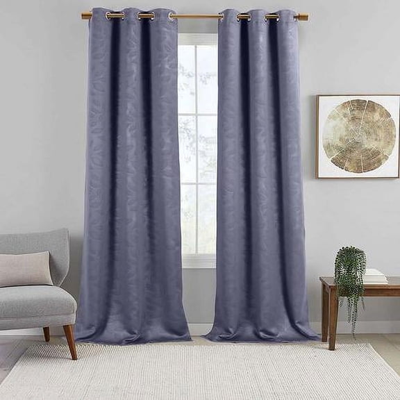 Virginia Pair (Set Of 2) Blackout Weave Energy-Saving Thermal Curtain Panels Grommet Embossed Fabric Leafy Designs - 74"W X 108" L - Gray