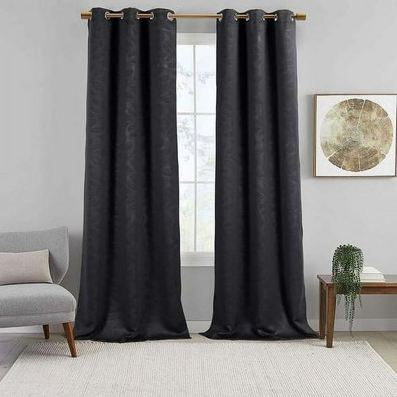 Virginia Pair (Set Of 2) Blackout Weave Energy-Saving Thermal Curtain Panels Grommet Embossed Fabric Leafy Designs - 74"W X 63" L - Black