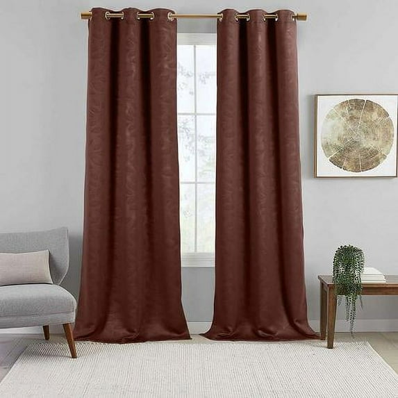 Virginia Pair (Set Of 2) Blackout Weave Energy-Saving Thermal Curtain Panels Grommet Embossed Fabric Leafy Designs - 74"W X 63" L - Chocolate