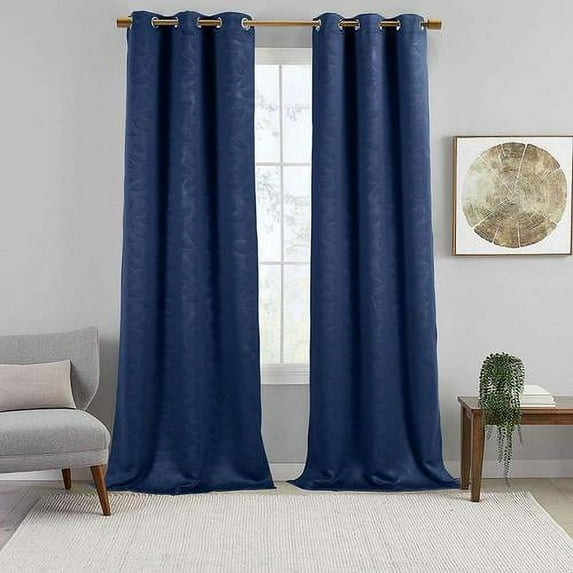 Virginia Pair (Set Of 2) Blackout Weave Energy-Saving Thermal Curtain Panels Grommet Embossed Fabric Leafy Designs - 74"W X 96" L - Navy