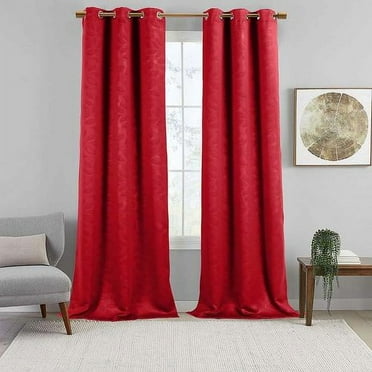 Virginia Pair (Set Of 2) Blackout Weave Energy-Saving Thermal Curtain Panels Grommet Embossed Fabric Leafy Designs - 74"W X 96" L - Red