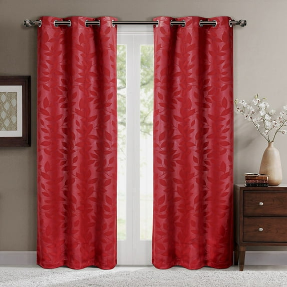 Virginia Pair (Set of 2) Blackout Weave Energy-Saving Thermal Curtain Panels Grommet Embossed fabric Leafy Designs - 74"W X 108" L - Red
