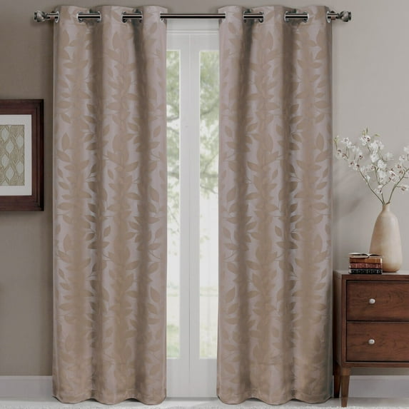 Virginia Pair (Set of 2) Blackout Weave Energy-Saving Thermal Curtain Panels Grommet Embossed fabric Leafy Designs - 74"W X 108" L - Taupe