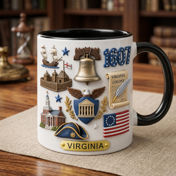 Virginia Patriotic Mug 3D Effect Colonial History Gift for History Lovers, gift mug, ceramic mug, cute mug gift