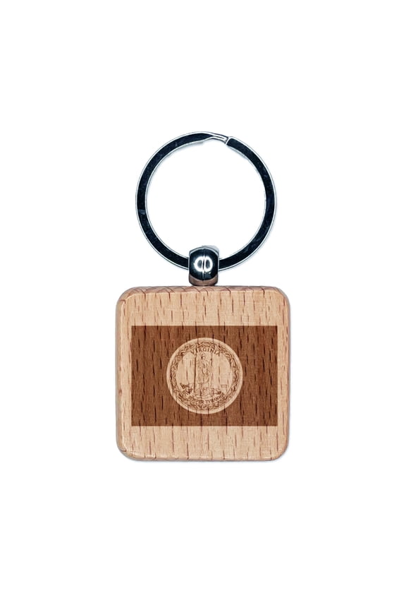 Virginia State Flag Square Keychain Charm Tag - Engraved Wood
