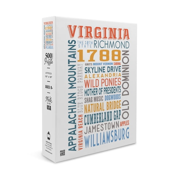 Virginia, Typography (19x27 inches, Premium 500 Piece Jigsaw Puzzle for Adults and Family, Made in USA)