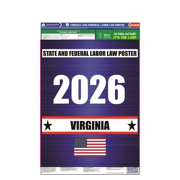 Virginia (VA) 2026 State Labor Law Poster - State, Federal and OSHA Compliant Laminated Poster - Perfect for the Workplace Posting - Clear and Easy-to-Read Format - 20 Inch by 36 Inch - English