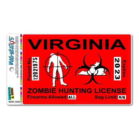 Virginia VA Zombie Hunting License Permit Red - Biohazard Response Team MAG-NEATO'S(TM) Car/Refrigerator Magnet