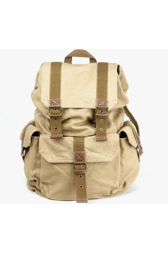 Medium Canvas Backpack with Leather Straps - Khaki Tan