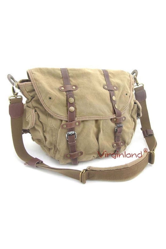 "Scooter" Vintage Canvas Messenger Bag with Leather Straps - Khaki Tan