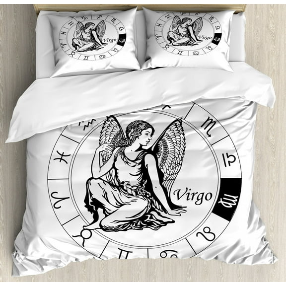 Virgo Duvet Cover Set Queen Size, Black and White Zodiac Sign Horoscope Greek Culture Inspired Elements Mythological, Decorative 3 Piece Bedding Set with 2 Pillow Shams, Black White, by Ambesonne