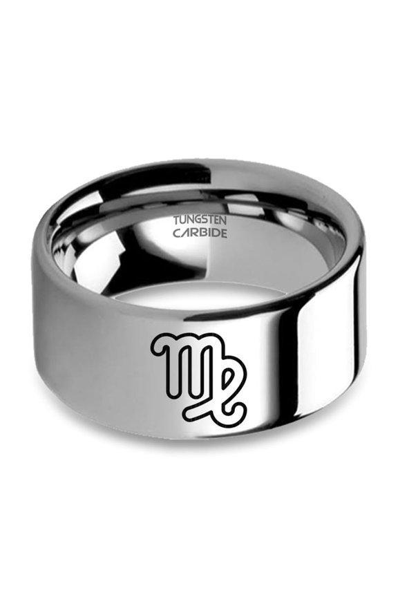Virgo Maiden Astrology Sign Engraved Silver Tungsten Carbide Ring, 10mm, Size 12