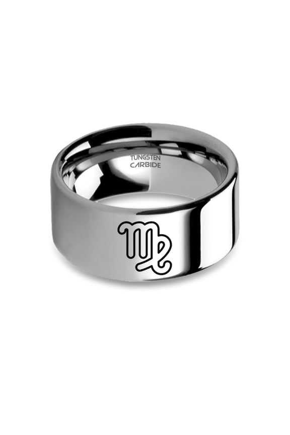 Virgo Maiden Astrology Sign Engraved Silver Tungsten Carbide Ring, 10mm, Size 9