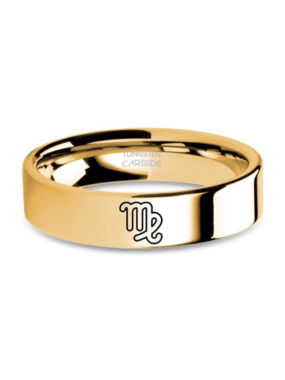 Virgo Maiden Star Sign Laser Engraved Yellow Gold Tungsten Ring, 6mm, Size 12