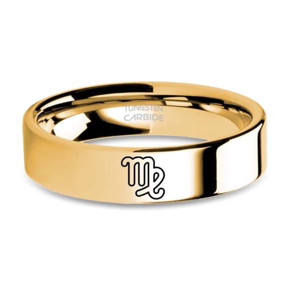 Virgo Maiden Star Sign Laser Engraved Yellow Gold Tungsten Ring, 6mm, Size 6