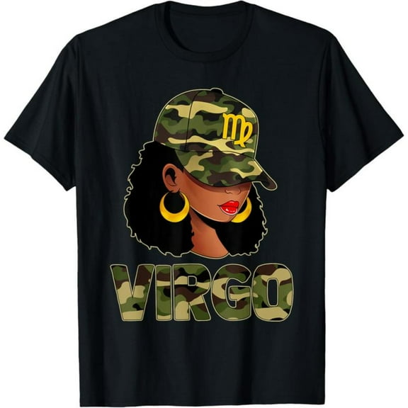 Virgo Queen Graphic Tee Camouflage Zodiac Design Womens Astrology Sign Comfort Cotton T-Shirt Black S-5XL