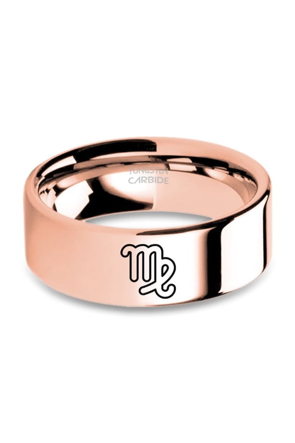 Virgo Sigil Horoscope Sign Engraved Rose Gold Tungsten Ring, 8mm, Size 10