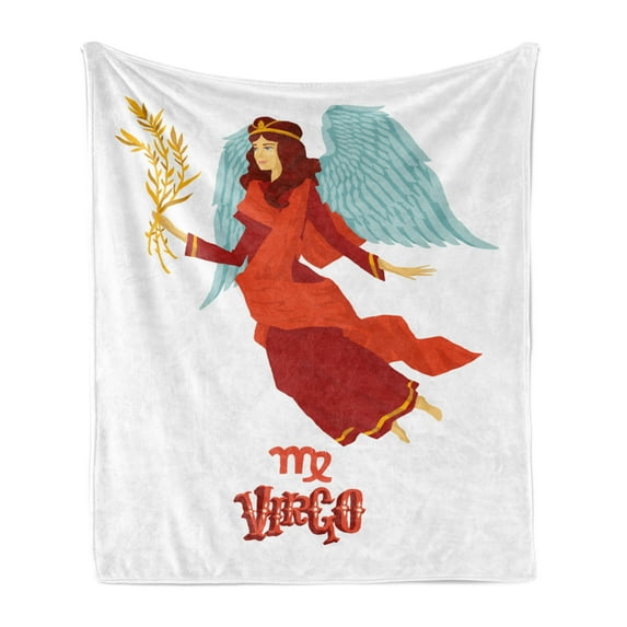 Virgo Soft Flannel Fleece Throw Blanket, Astrological Zodiac Sign with Woman with Wings and Dress Horoscope, Cozy Plush for Indoor and Outdoor Use, 50" x 60", Vermilion Seafoam Orange, by Ambesonne