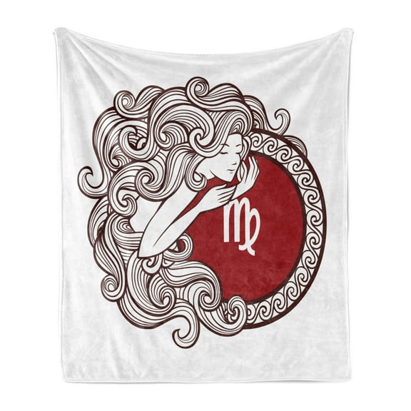 Virgo Soft Flannel Fleece Throw Blanket, Vibrant Color Abstract Image Zodiac Sign Long Haired Girl with of Virgo, Cozy Plush for Indoor and Outdoor Use, 50" x 70", Ruby Brown White, by Ambesonne