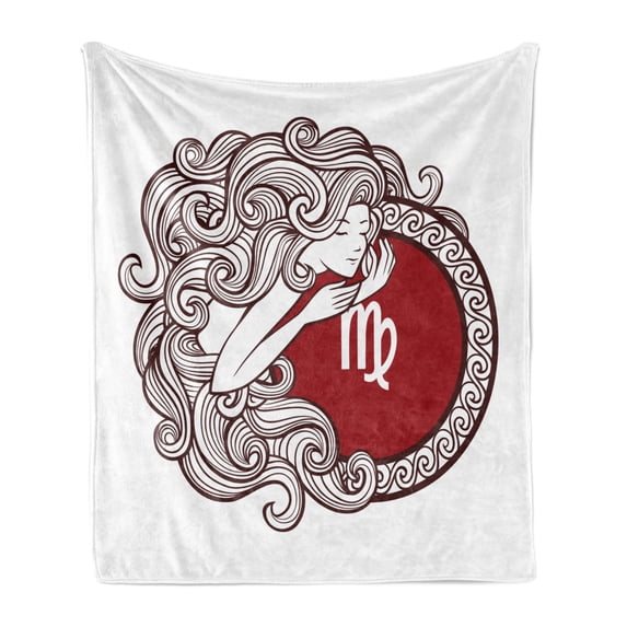 Virgo Soft Flannel Fleece Throw Blanket, Vibrant Color Abstract Image Zodiac Sign Long Haired Girl with of Virgo, Cozy Plush for Indoor and Outdoor Use, 70" x 90", Ruby Brown White, by Ambesonne