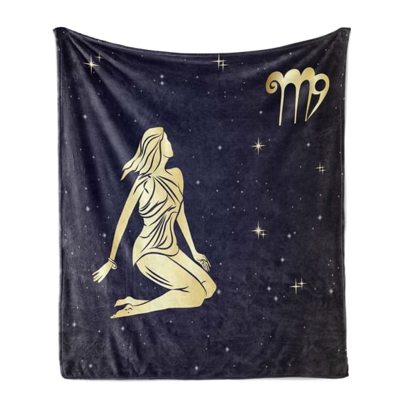 Virgo Soft Flannel Fleece Throw Blanket, Woman in Short Dress Sitting in Space Looking at Stars Horoscope Themed Image, Cozy Plush for Indoor and Outdoor Use, 70" x 90", Indigo Yellow, by Ambesonne