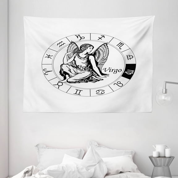 Virgo Tapestry, Black and White Zodiac Sign Horoscope Greek Culture Inspired Elements Mythological, Wall Hanging for Bedroom Living Room Dorm Decor, 80W X 60L Inches, Black White, by Ambesonne