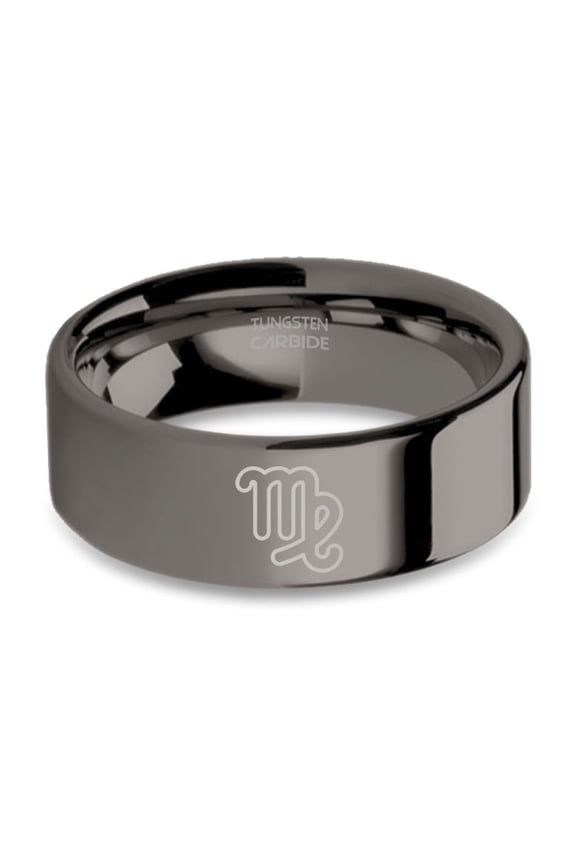 Virgo Virign Astrology Glyph Engraved Gunmetal Tungsten Ring, 8mm, Size 5.5
