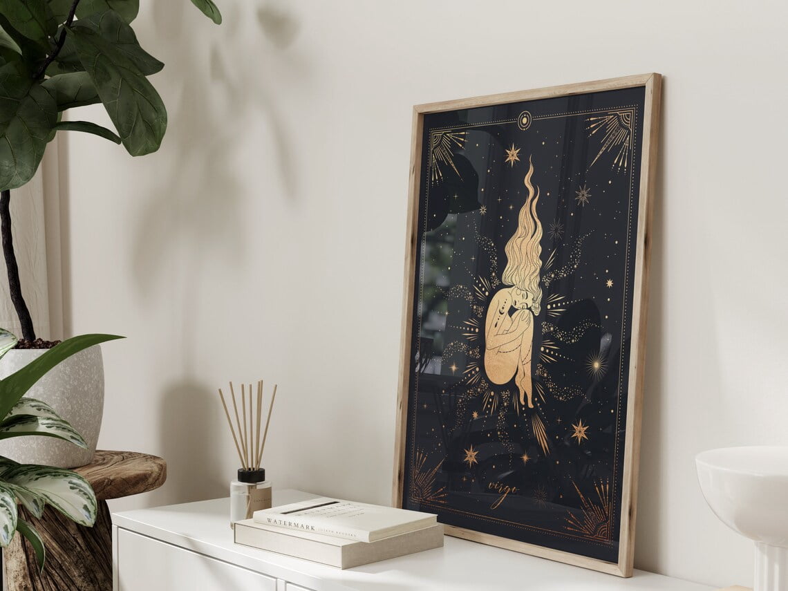 Virgo Zodiac Print Gift · Black And Gold Decor · Astrology Wall Art ...
