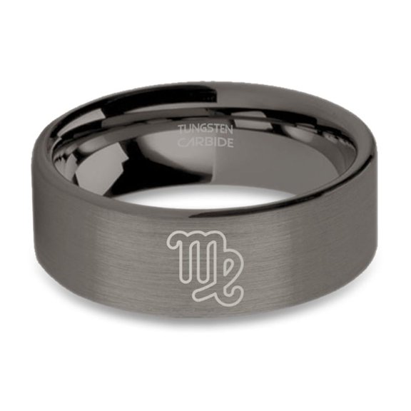 Virgo Zodiac Sigil Laser Engraved Brushed Gunmetal Tungsten Ring, 8mm, Size 5