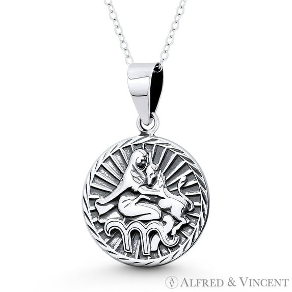 Virgo Zodiac Sign Circle Astrology Charm 31x20mm (1.5x0.8in) Pendant & Chain Necklace in Oxidized .925 Sterling Silver