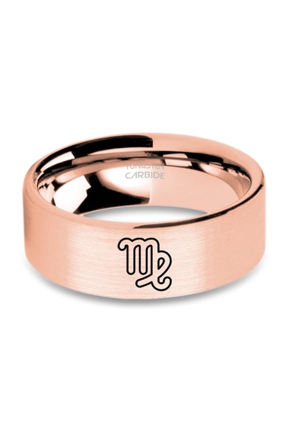 Virgo Zodiac Symbol Engraved Rose Gold Tungsten Ring, Brushed, 8mm, Size 5