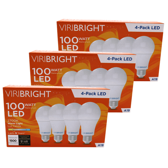 Viribright 100-Watt Equivalent A19 E26 General Purpose LED Light Bulb, 2700K Soft White (12-Pack)