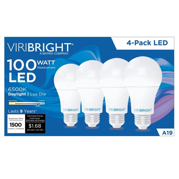 Viribright® A19 LED Bulb, 100W, Non Dimmable, 1500 Lumens, 6500K (4 Pack)