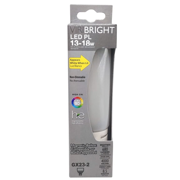 Viribright® LED PL Lamp, GX23-2 (2-Pin), High Efficiency, 680 Lumens, 90+CRI, Cool White 4000K