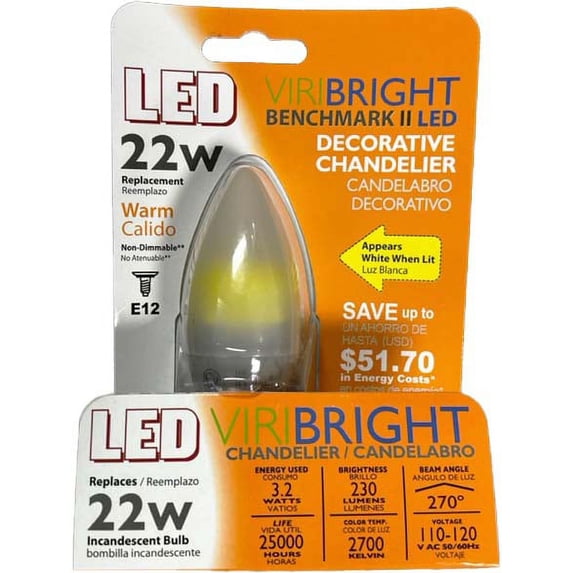 Viribright 3.2W 22W Equivalent E12 LED Chand. Bulb (2700K) (Warm White) (6-Pack)
