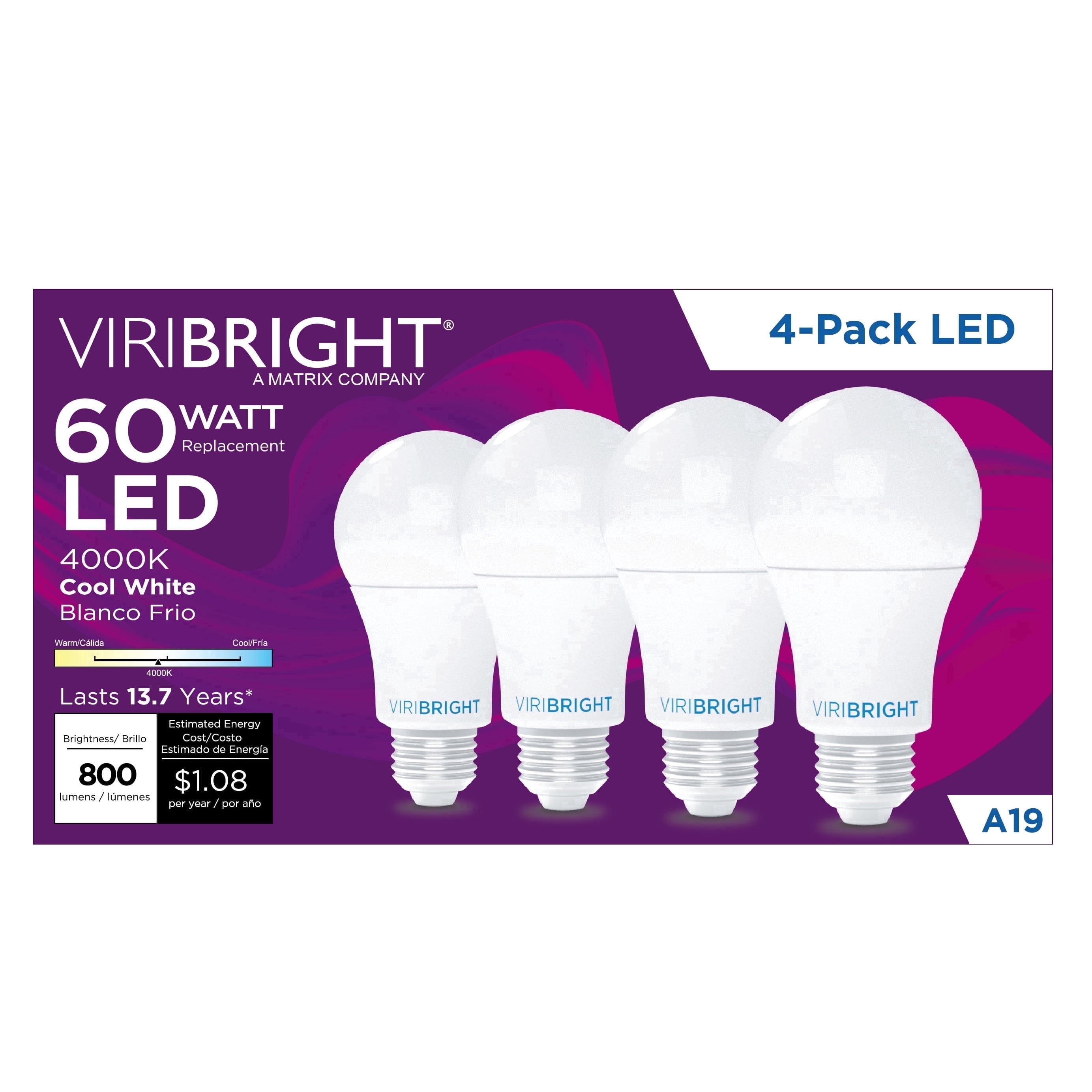 Viribright® A19 LED BULB, 9W, 800 Lumens, Non-Dimmable, Cool White 4000K (4 Pack)