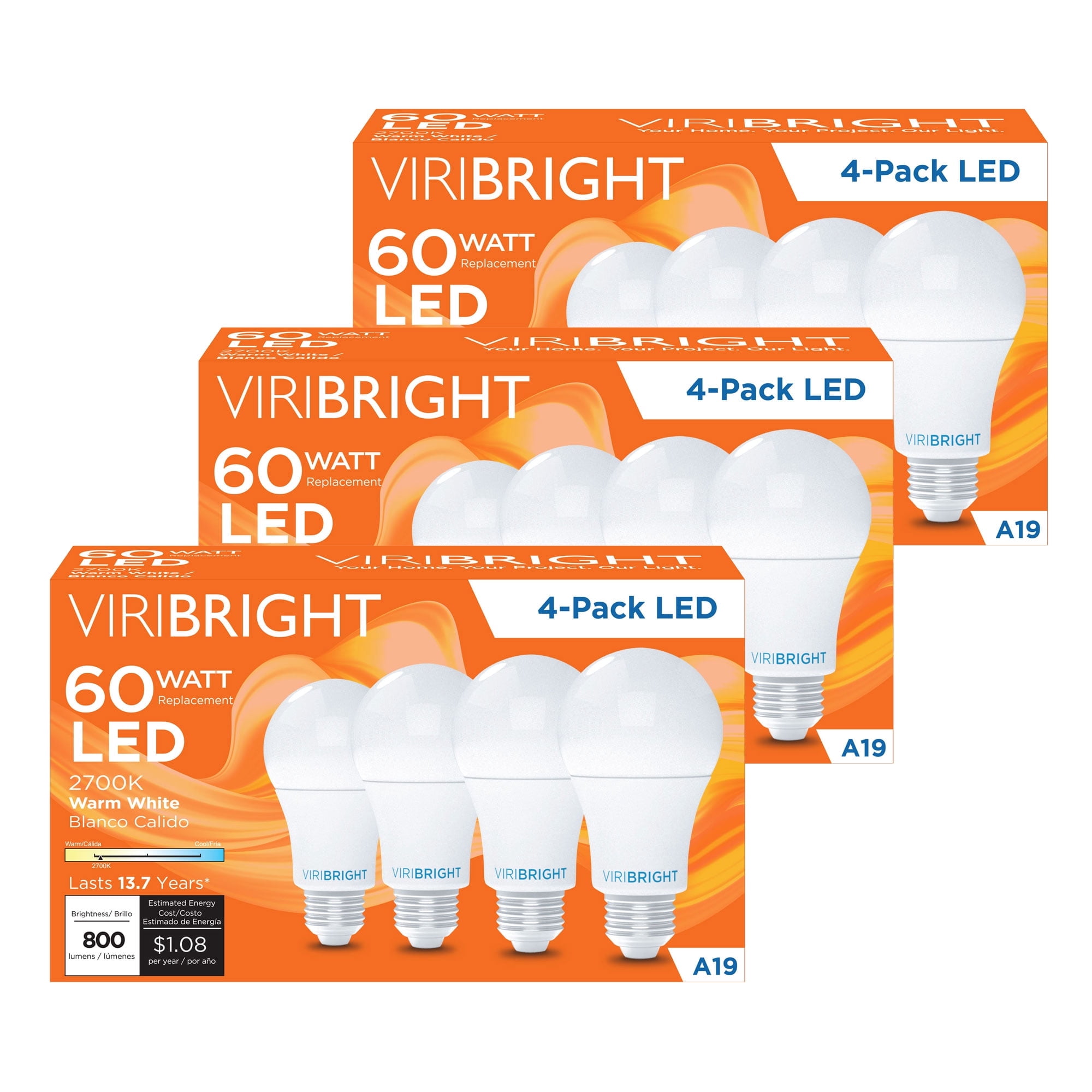 Viribright® A19 LED BULB, 9W, 800 Lumens, Non-Dimmable, 2700k Soft White (12-Pack)