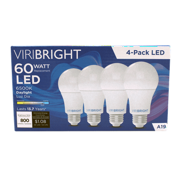 Viribright 60-Watt Equivalent A19 E26 LED Light Bulb, 6500K Daylight (4-Pack)