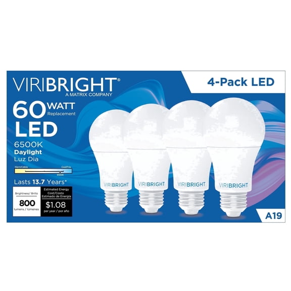 Viribright® A19 LED Bulb, E26,  Screw Base, 60W EQ, 800 Lumens, Non-Dimmable, Daylight 6500K (4 Pack)