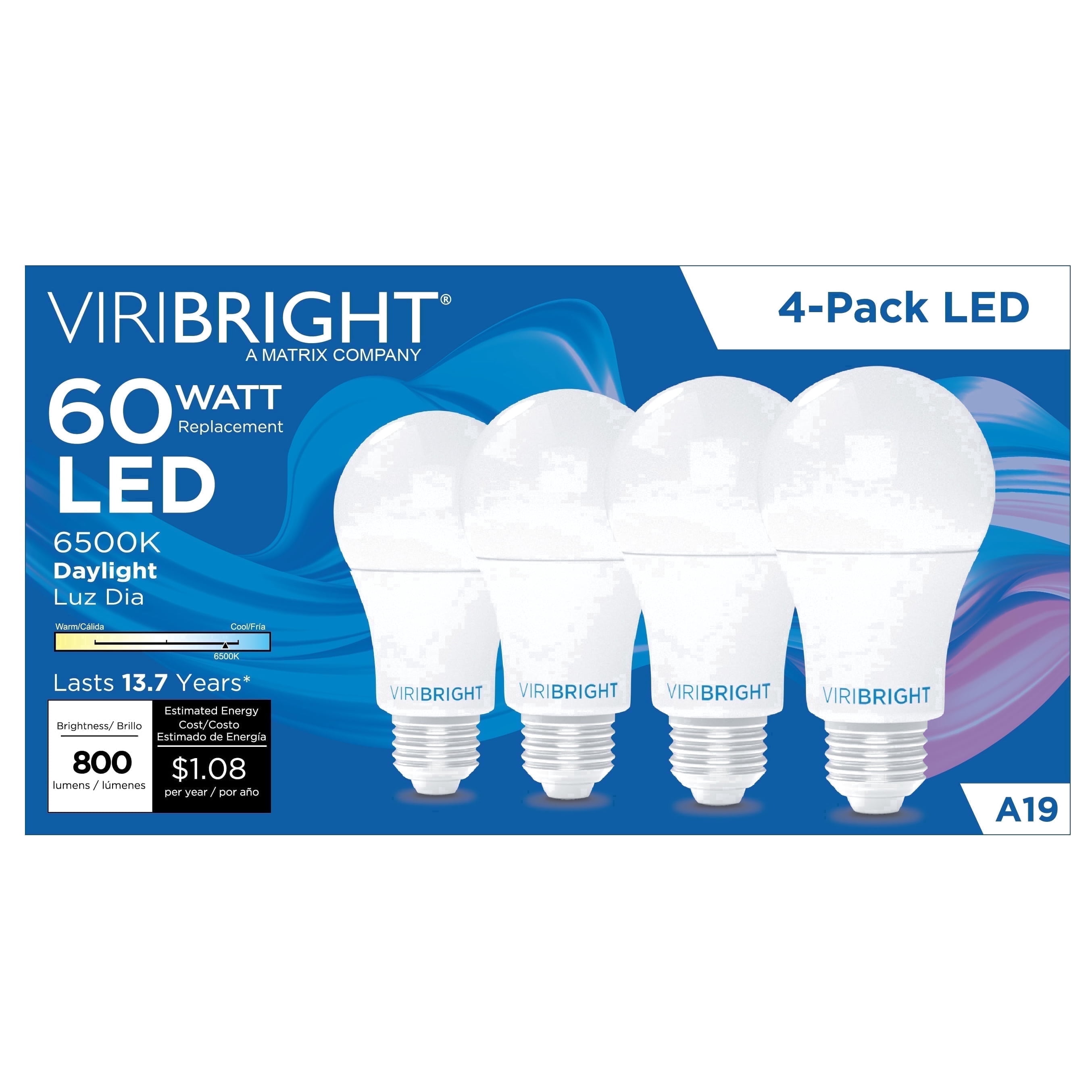 Viribright® A19 LED Bulb, 60W EQ, 800 Lumens, Non-Dimmable, Daylight 6500K (4 Pack)