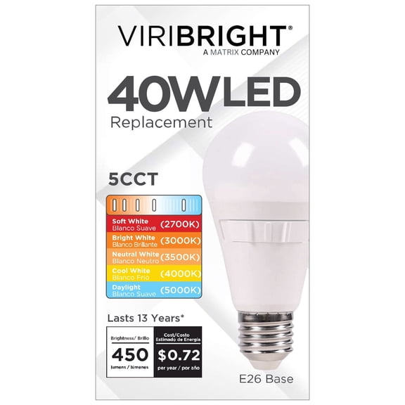 Viribright A19 LED Light Bulb, E26, Selectable, Cec, 40W Equivalent, Dimmable, 5CCT