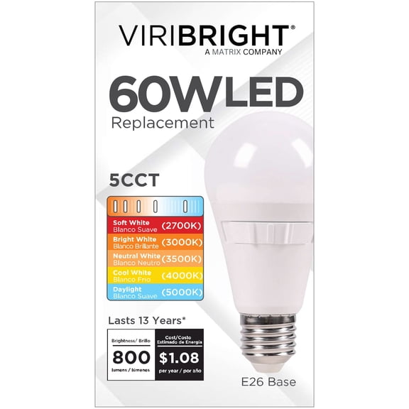 Viribright A19 LED Light Bulb, 60W Equivalent, Non-Dimmable, CEC T20, 5CCT