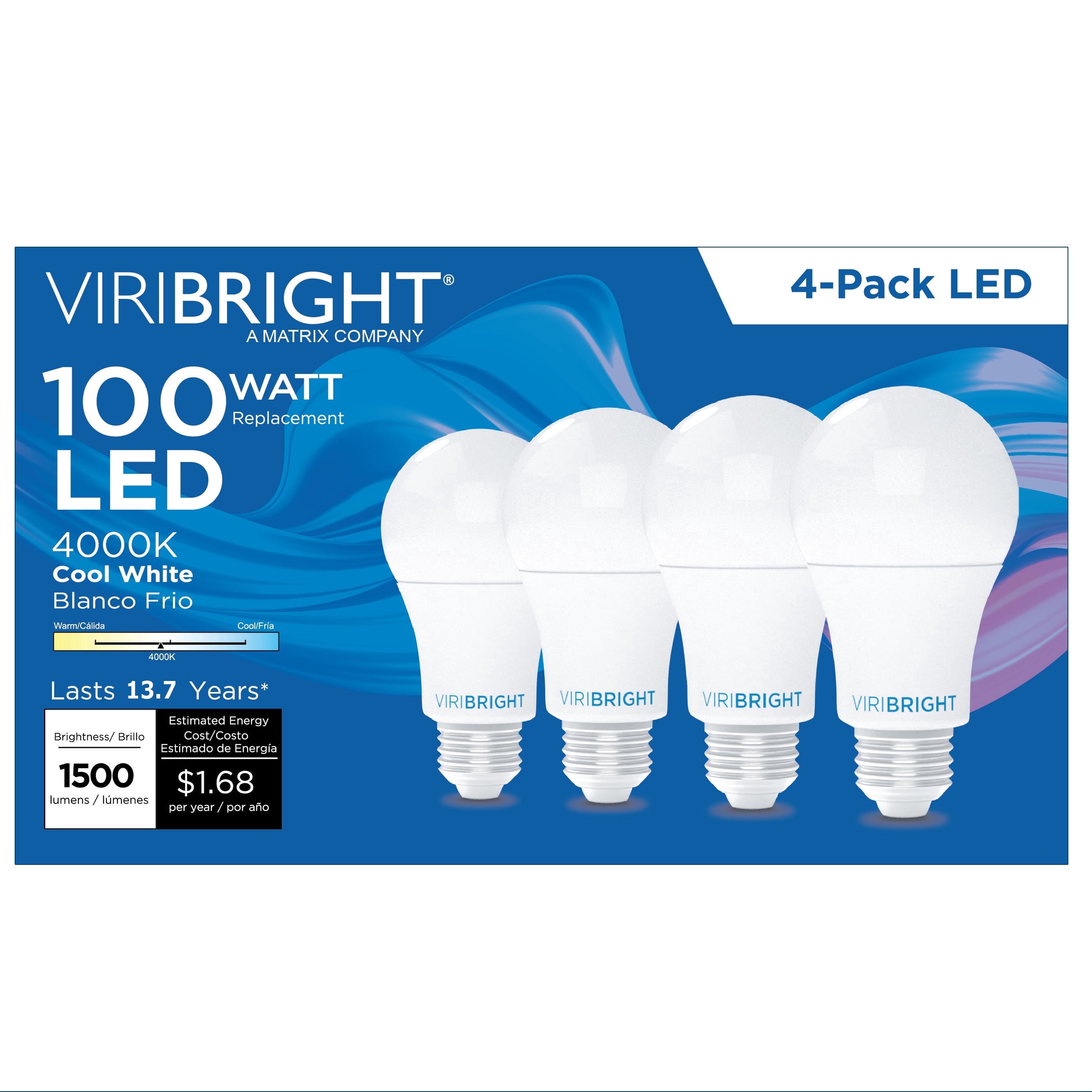 Viribright® A19 LED Light Bulbs, 100W, 1500 Lumens, Dimmable, Cool White 4000K (4 Pack)