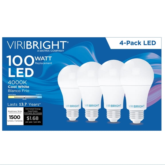 Viribright A19 LED Light Bulbs, 100W, 1500 Lumens, Dimmable, Cool White 4000K (4 Pack)