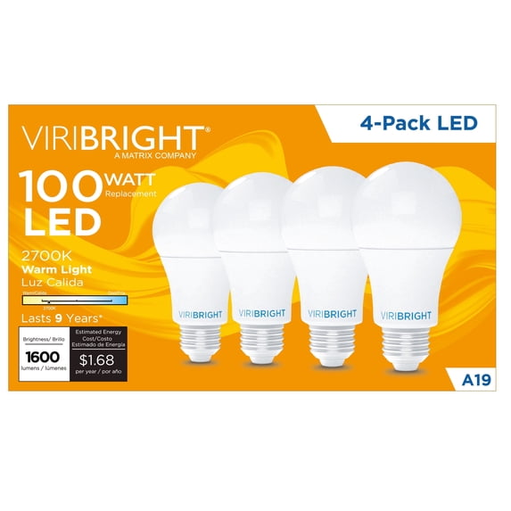 Viribright® A19 LED Light Bulbs, 100W, 1600 Lumens, Dimmable, Warm White 2700K (4 Pack)