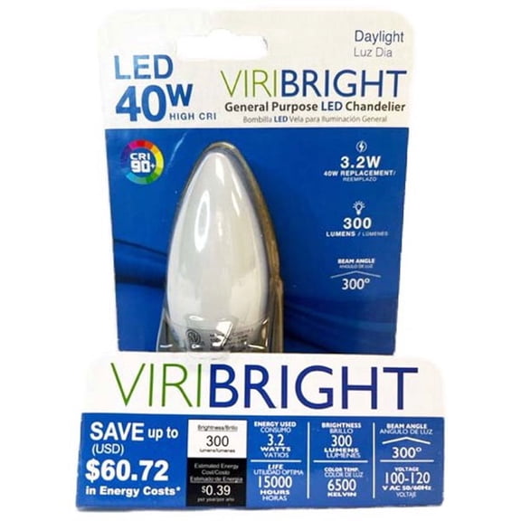 Viribright® B11 LED Candelabra Bulb, 40-Watt EQ, 90+ CRI, Daylight 6500K