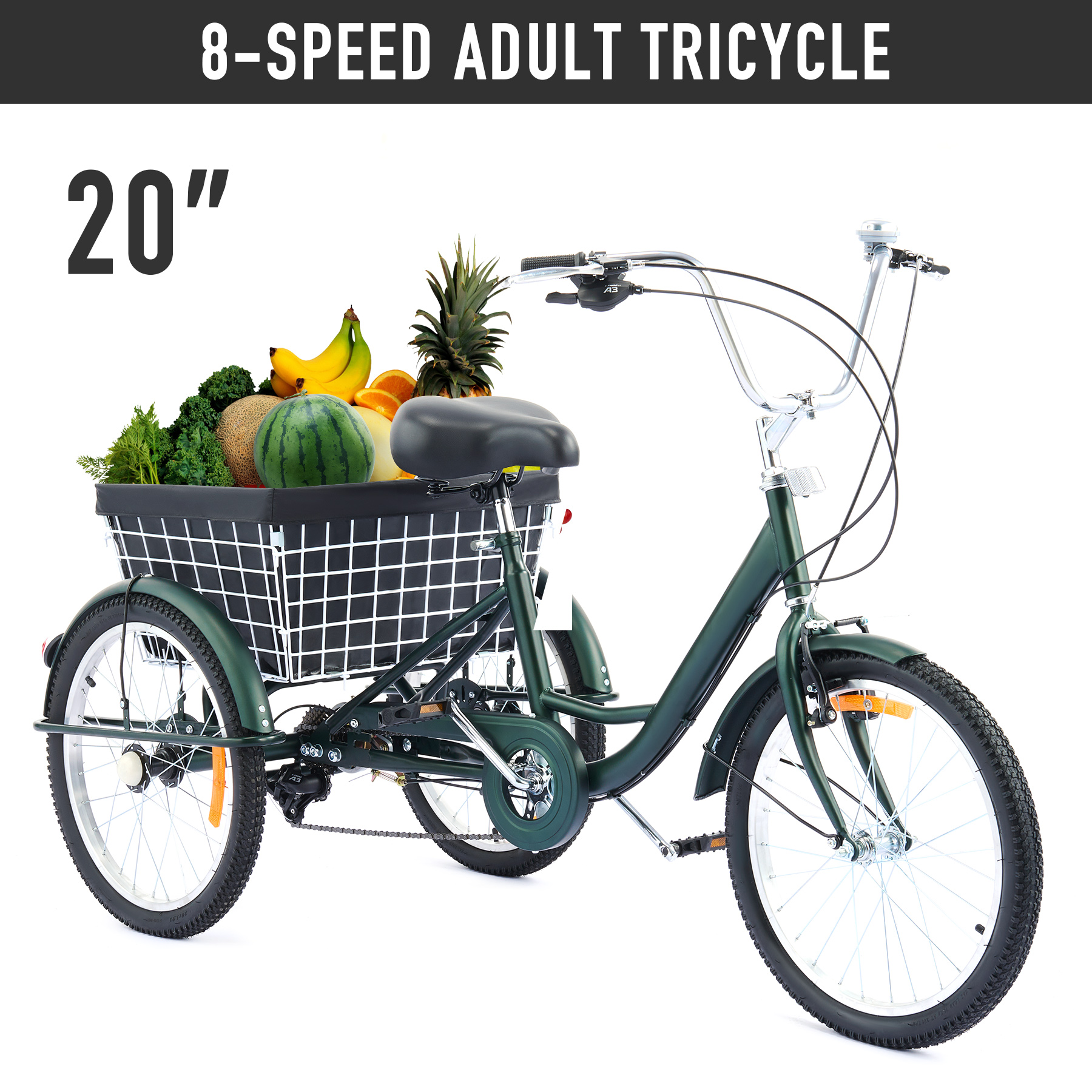 Viribus 20" Adult Tricycle Exercise Bike w 8 Speed Gear Flexible Seating Basket Green