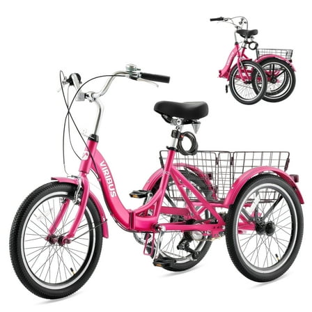 Viribus 20" Folding Adult Tricycle 7 Speed Dual Chain Folding Trike for Adults Hot Pink